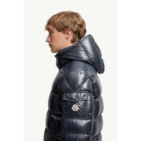 Moncler Maya Hooded Short Down Jacket in Navy Blue, view 3 | Men's Jackets | Coveti