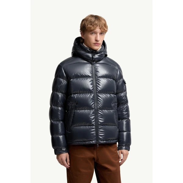 Moncler Maya Hooded Short Down Jacket in Navy Blue, view 4 | Men's Jackets | Coveti