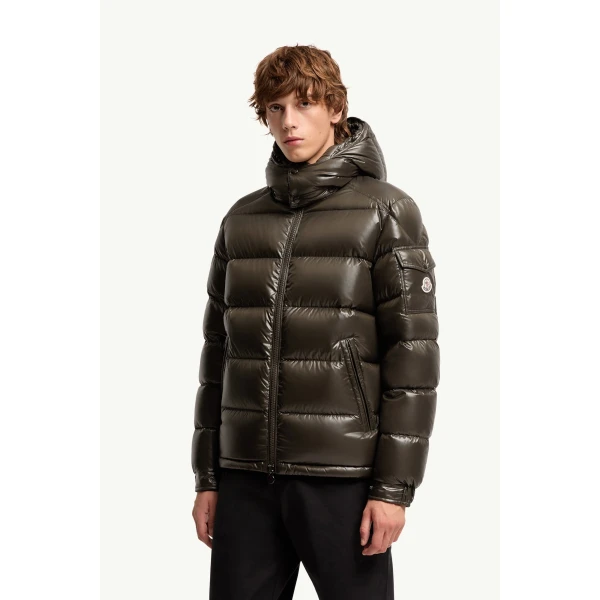 Moncler Maya Hooded Short Down Jacket in Olive Green, view 4 | Men's Jackets | Coveti