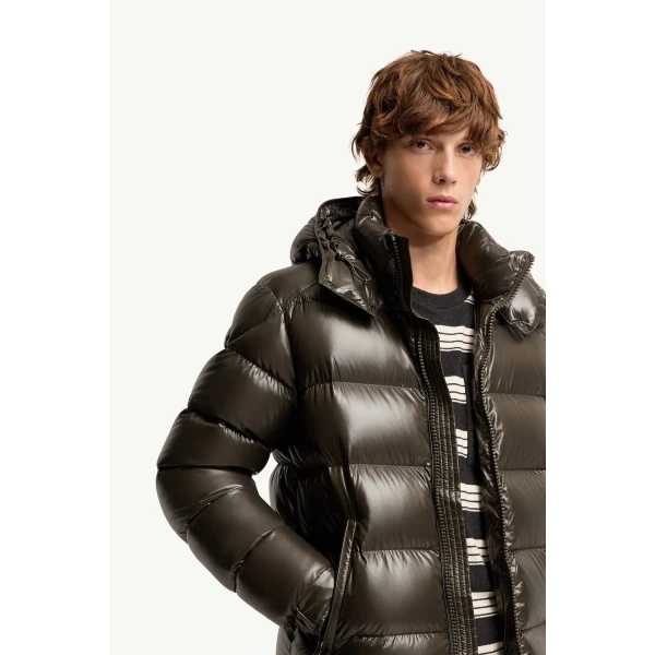 Moncler Maya Hooded Short Down Jacket in Olive Green, view 6 | Men's Jackets | Coveti