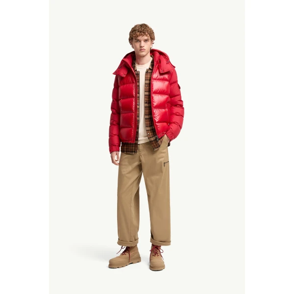 Moncler Maya Hooded Short Down Jacket in Red, view 2 | Men's Jackets | Coveti