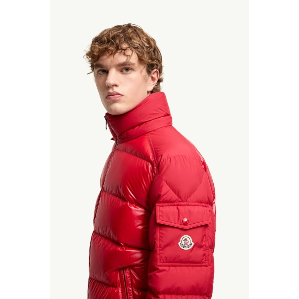 Moncler Maya Hooded Short Down Jacket in Red, view 3 | Men's Jackets | Coveti