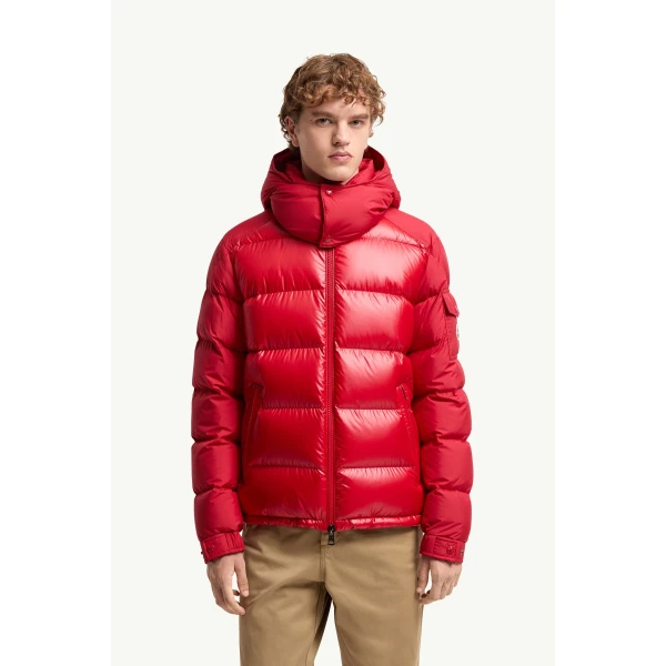 Moncler Maya Hooded Short Down Jacket in Red, view 4 | Men's Jackets | Coveti