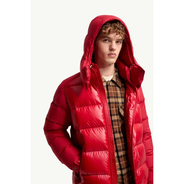Moncler Maya Hooded Short Down Jacket in Red, view 6 | Men's Jackets | Coveti