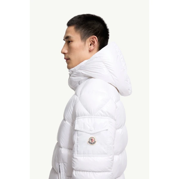 Moncler Maya Hooded Short Down Jacket in White, view 3 | Men's Jackets | Coveti