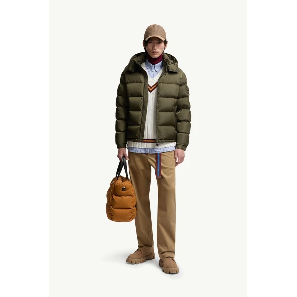 Moncler Maya Matte Short Down Jacket in Olive Green, view 2 | Men's Jackets | Coveti