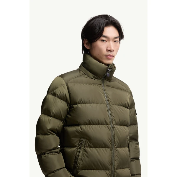 Moncler Maya Matte Short Down Jacket in Olive Green, view 3 | Men's Jackets | Coveti