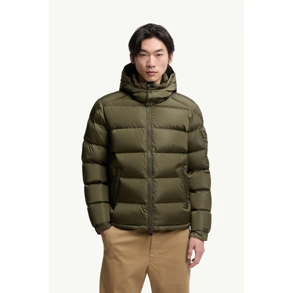 Moncler Maya Matte Short Down Jacket in Olive Green, view 4 | Men's Jackets | Coveti