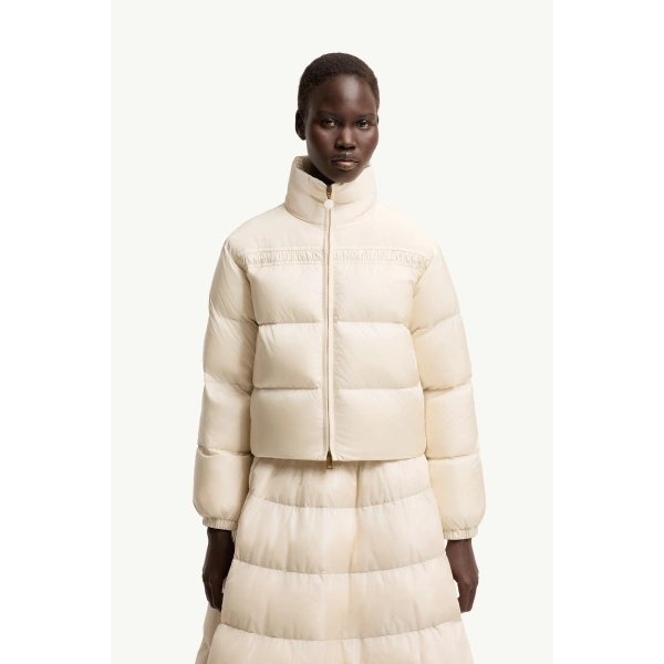 Moncler Meditation Short Down Jacket in Light Beige, view 4 | Women's Puffer Jackets | Coveti