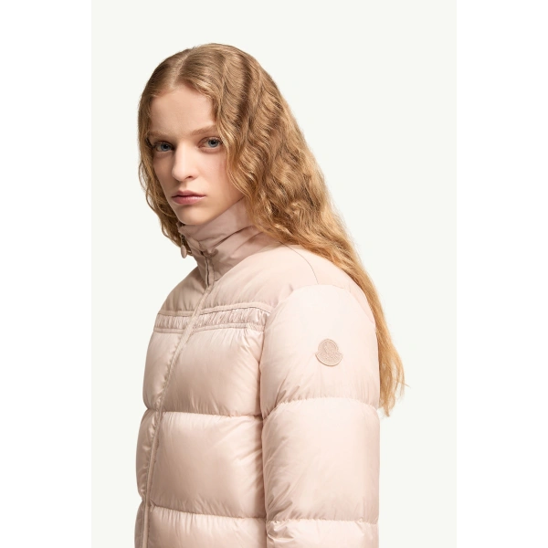 Moncler Meditation Short Down Jacket in Light Pink, view 3 | Women's Puffer Jackets | Coveti