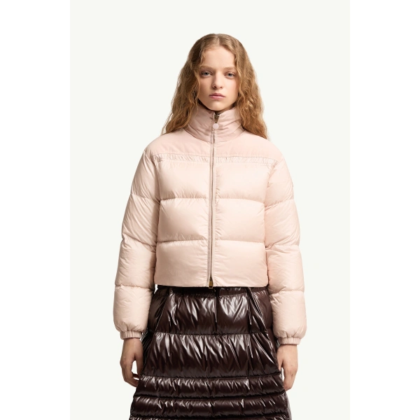 Moncler Meditation Short Down Jacket in Light Pink, view 4 | Women's Puffer Jackets | Coveti