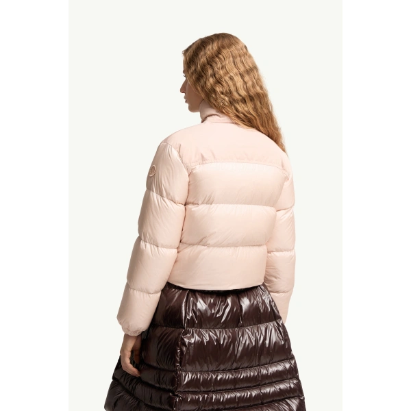 Moncler Meditation Short Down Jacket in Light Pink, view 5 | Women's Puffer Jackets | Coveti