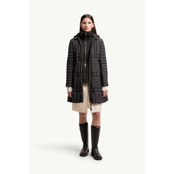 Moncler Menthelong Vertical-Quilted Hooded Down Jacket in Black, view 2 | Women's Puffer and Down Coats | Coveti