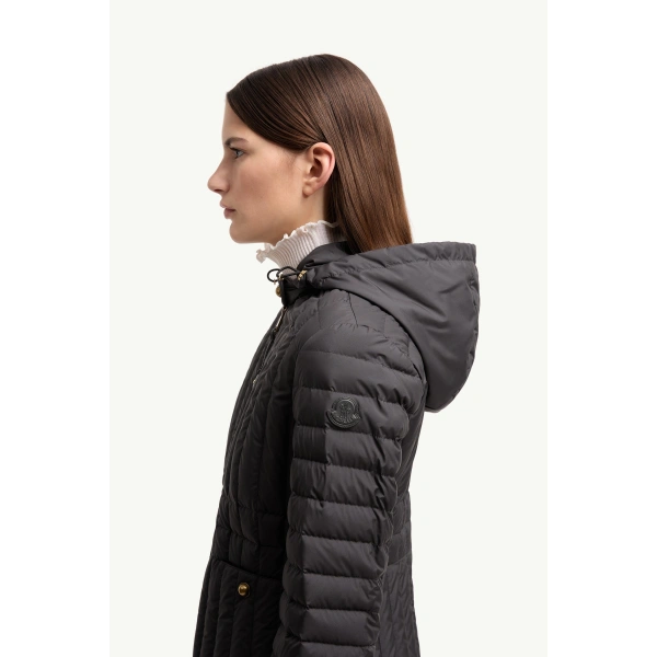 Moncler Menthelong Vertical-Quilted Hooded Down Jacket in Black, view 3 | Women's Puffer and Down Coats | Coveti