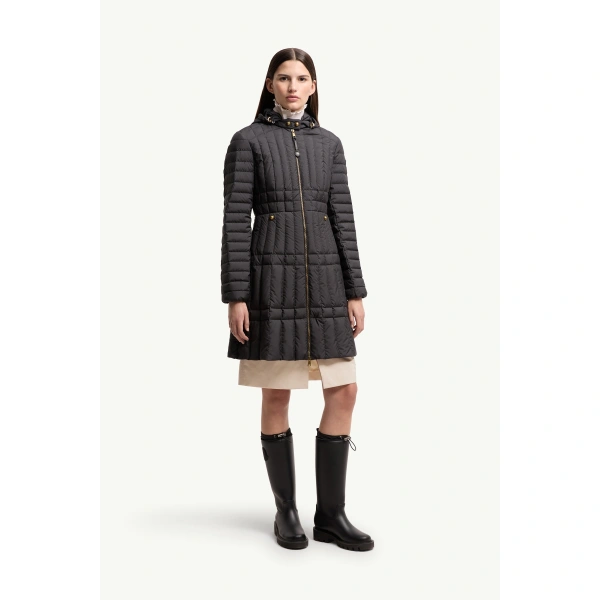 Moncler Menthelong Vertical-Quilted Hooded Down Jacket in Black, view 4 | Women's Puffer and Down Coats | Coveti