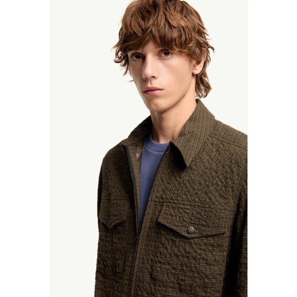 Moncler Micro Madras Flannel Shirt Jacket in Brown, view 6 | Men's Jackets | Coveti