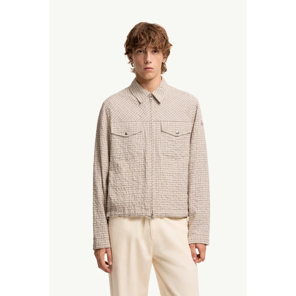 Moncler Micro Madras Flannel Shirt Jacket in White, view 4 | Men's Jackets | Coveti