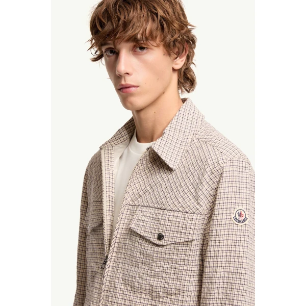 Moncler Micro Madras Flannel Shirt Jacket in White, view 6 | Men's Jackets | Coveti