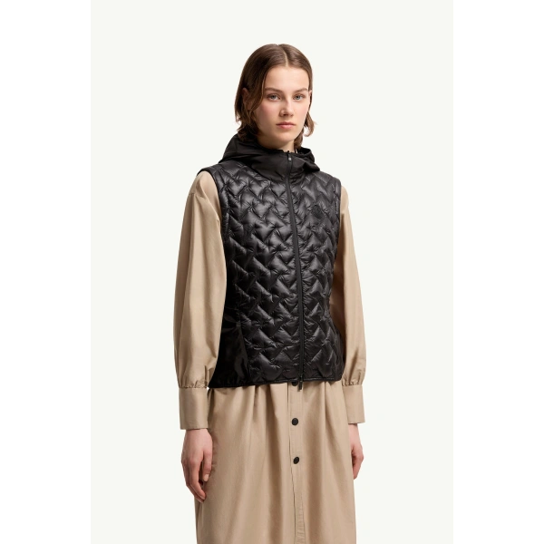 Moncler Mirage Packable 2-in-1 Short Down Jacket in Black, view 6 | Women's Puffer Jackets | Coveti