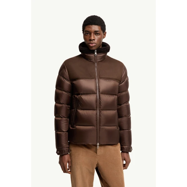 Moncler Moncenisio Hooded Short Down Jacket in Brown, view 4 | Men's Jackets | Coveti