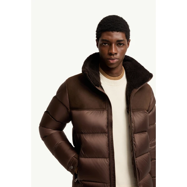 Moncler Moncenisio Hooded Short Down Jacket in Brown, view 6 | Men's Jackets | Coveti