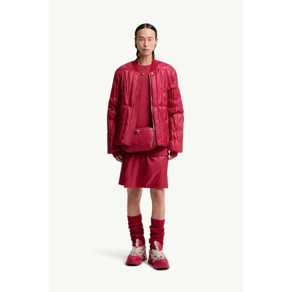 Moncler Moncler + Rick Owens Geocamo Flight Down Bomber Jacket in Berry Red, view 2 | Men's Jackets | Coveti