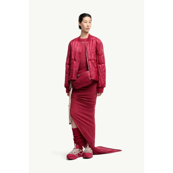 Moncler Moncler + Rick Owens Geocamo Flight Down Bomber Jacket in Berry Red, view 3 | Men's Jackets | Coveti