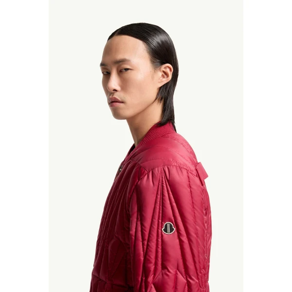 Moncler Moncler + Rick Owens Geocamo Flight Down Bomber Jacket in Berry Red, view 4 | Men's Jackets | Coveti