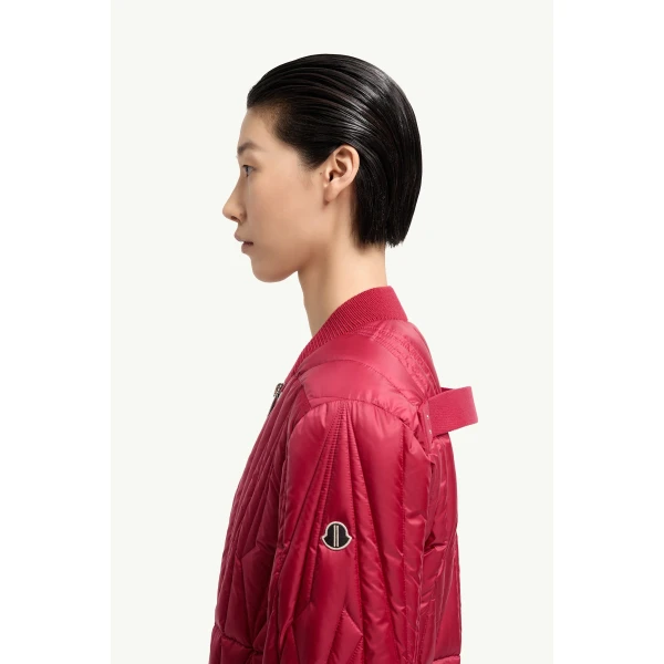Moncler Moncler + Rick Owens Geocamo Flight Down Bomber Jacket in Berry Red, view 5 | Men's Jackets | Coveti