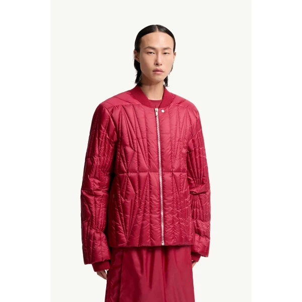 Moncler Moncler + Rick Owens Geocamo Flight Down Bomber Jacket in Berry Red, view 6 | Men's Jackets | Coveti