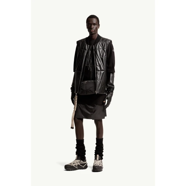 Moncler Moncler + Rick Owens Geocamo Flight Nappa Leather Gilet in Black, view 2 | Men's Jackets | Coveti