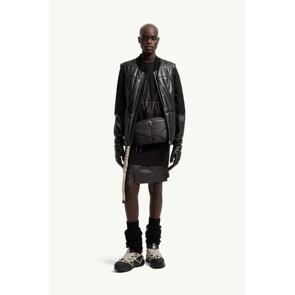Moncler Moncler + Rick Owens Geocamo Flight Nappa Leather Gilet in Black, view 3 | Men's Jackets | Coveti