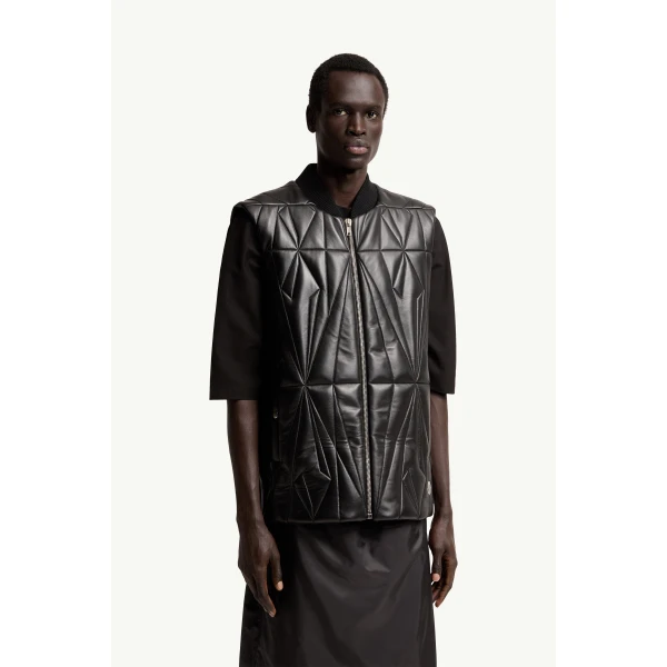 Moncler Moncler + Rick Owens Geocamo Flight Nappa Leather Gilet in Black, view 6 | Men's Jackets | Coveti