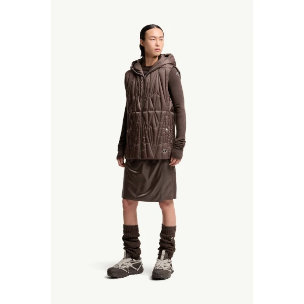 Moncler Moncler + Rick Owens Geocamo Ziplock Hooded Down Gilet in Taupe, view 2 | Men's Jackets | Coveti