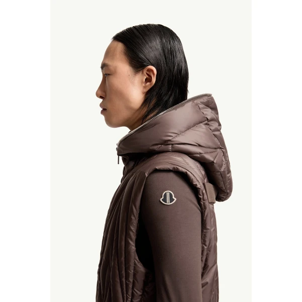 Moncler Moncler + Rick Owens Geocamo Ziplock Hooded Down Gilet in Taupe, view 4 | Men's Jackets | Coveti