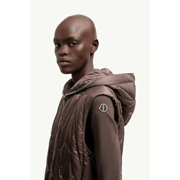 Moncler Moncler + Rick Owens Geocamo Ziplock Hooded Down Gilet in Taupe, view 5 | Men's Jackets | Coveti