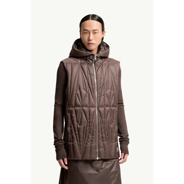 Moncler Moncler + Rick Owens Geocamo Ziplock Hooded Down Gilet in Taupe, view 6 | Men's Jackets | Coveti