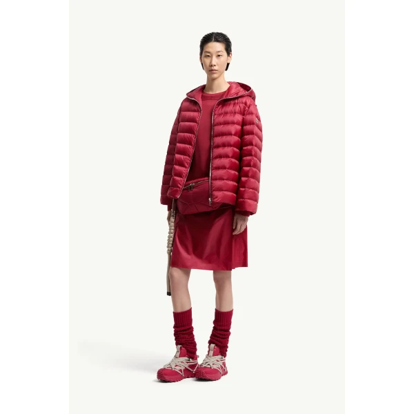 Moncler Moncler + Rick Owens Ziplock Hooded Short Down Jacket in Berry Red, view 2 | Men's Jackets | Coveti