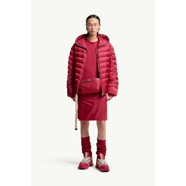 Moncler Moncler + Rick Owens Ziplock Hooded Short Down Jacket in Berry Red, view 3 | Men's Jackets | Coveti