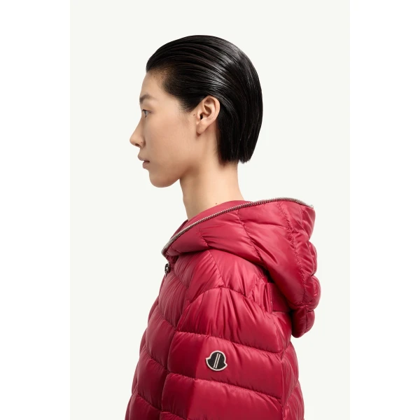 Moncler Moncler + Rick Owens Ziplock Hooded Short Down Jacket in Berry Red, view 4 | Men's Jackets | Coveti