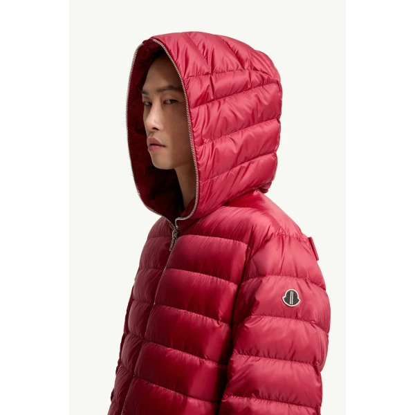 Moncler Moncler + Rick Owens Ziplock Hooded Short Down Jacket in Berry Red, view 5 | Men's Jackets | Coveti