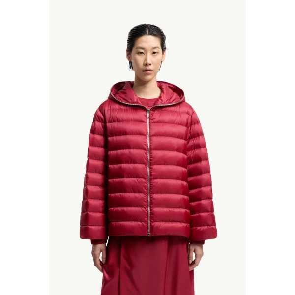 Moncler Moncler + Rick Owens Ziplock Hooded Short Down Jacket in Berry Red, view 6 | Men's Jackets | Coveti