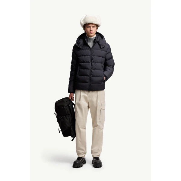 Moncler Montbrocq Hooded Short Down Jacket in Navy Blue, view 2 | Men's Jackets | Coveti