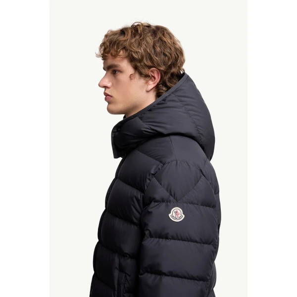 Moncler Montbrocq Hooded Short Down Jacket in Navy Blue, view 3 | Men's Jackets | Coveti