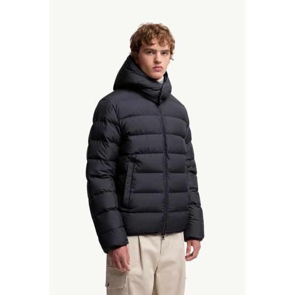 Moncler Montbrocq Hooded Short Down Jacket in Navy Blue, view 4 | Men's Jackets | Coveti