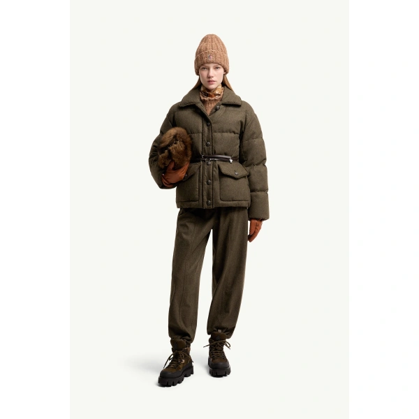 Moncler Monteain Loden Short Down Jacket in Olive Green, view 2 | Women's Puffer Jackets | Coveti