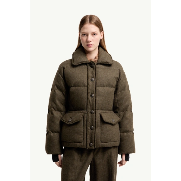 Moncler Monteain Loden Short Down Jacket in Olive Green, view 4 | Women's Puffer Jackets | Coveti