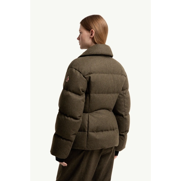 Moncler Monteain Loden Short Down Jacket in Olive Green, view 5 | Women's Puffer Jackets | Coveti