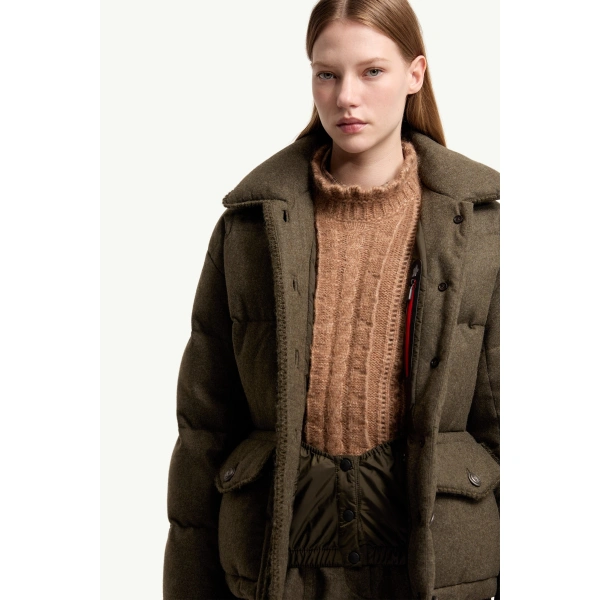 Moncler Monteain Loden Short Down Jacket in Olive Green, view 6 | Women's Puffer Jackets | Coveti