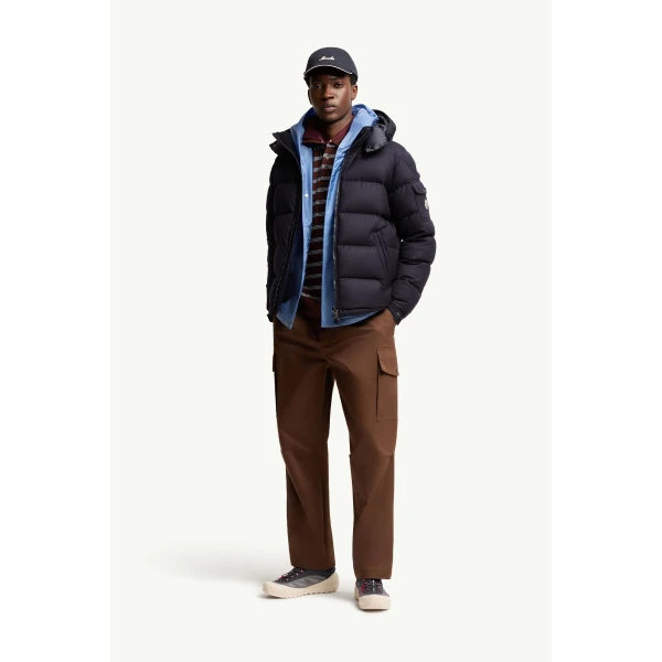 Moncler Montgenevre Hooded Wool Flannel Short Down Jacket in Navy Blue, view 2 | Men's Jackets | Coveti